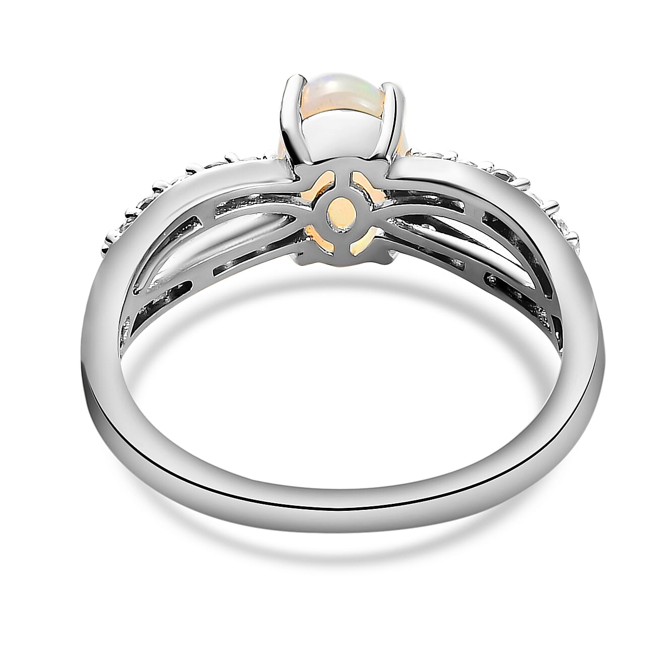 Ethiopian Welo Opal and Natural Cambodian Zircon Ring in Platinum Overlay Sterling Silver