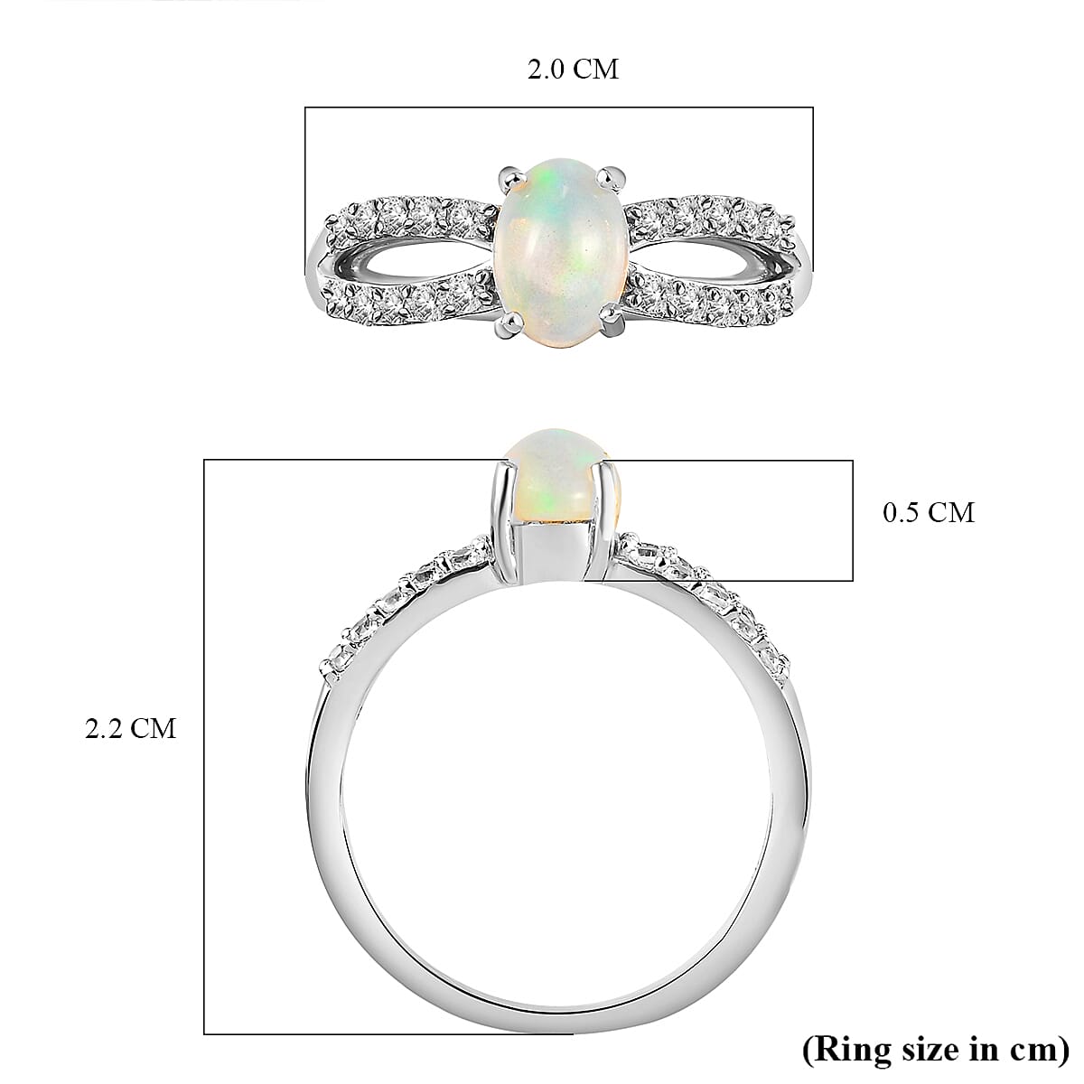 Ethiopian Welo Opal and Natural Cambodian Zircon Ring in Platinum Overlay Sterling Silver