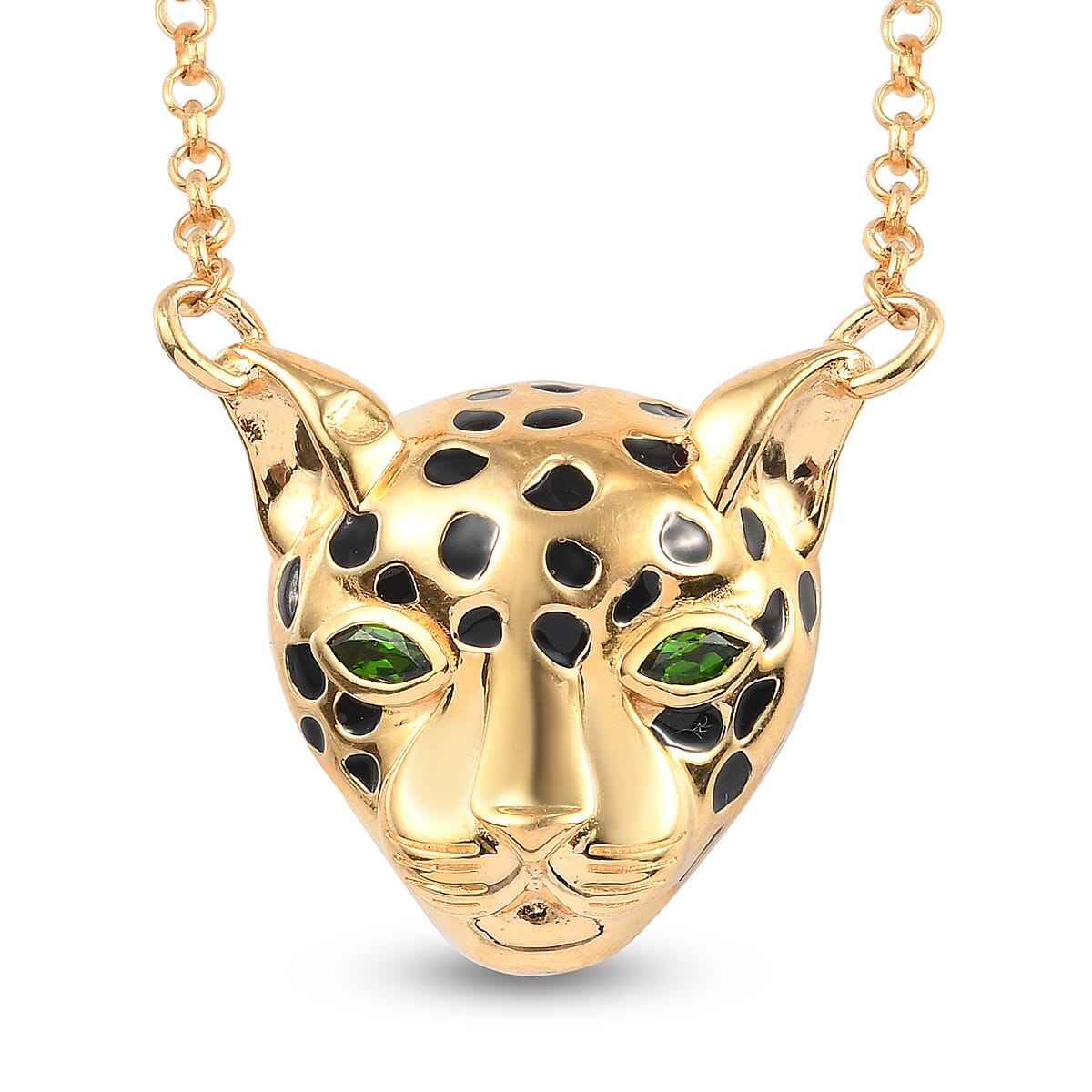 Sundays Child Chrome Diopside Enamelled Leopard Necklace (Size 18) in 14K Gold Overlay Sterling Silver, Silver wt 6.00 Gms