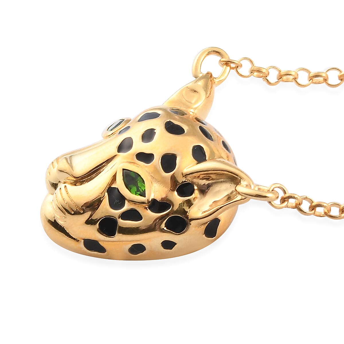 Sundays Child Chrome Diopside Enamelled Leopard Necklace (Size 18) in 14K Gold Overlay Sterling Silver, Silver wt 6.00 Gms