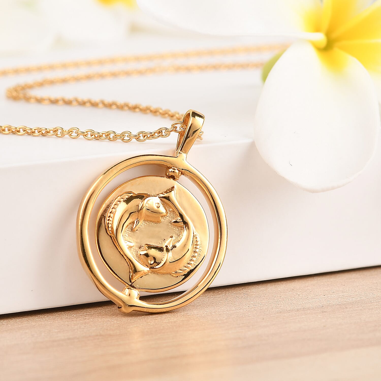 Sundays Child 14K Gold Overlay Sterling Silver Pisces Zodiac Sign Pendant with Chain (Size 20), Silver Wt. 6.40 Gms