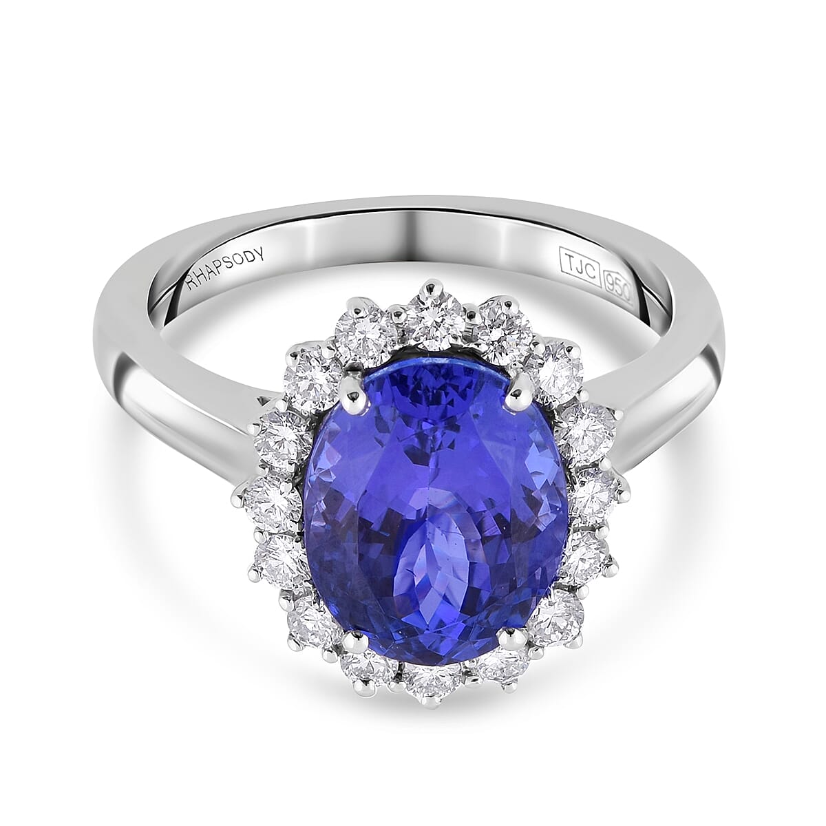 RHAPSODY 3.65 Ct. AAAA Tanzanite and White Diamond VS E-F Halo Ring in 950 Platinum