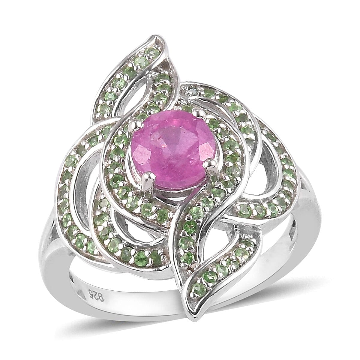Fissure Filled Pink Sapphire and Tsavorite Garnet Ring in Platinum Overlay Sterling Silver 1.860 Ct.