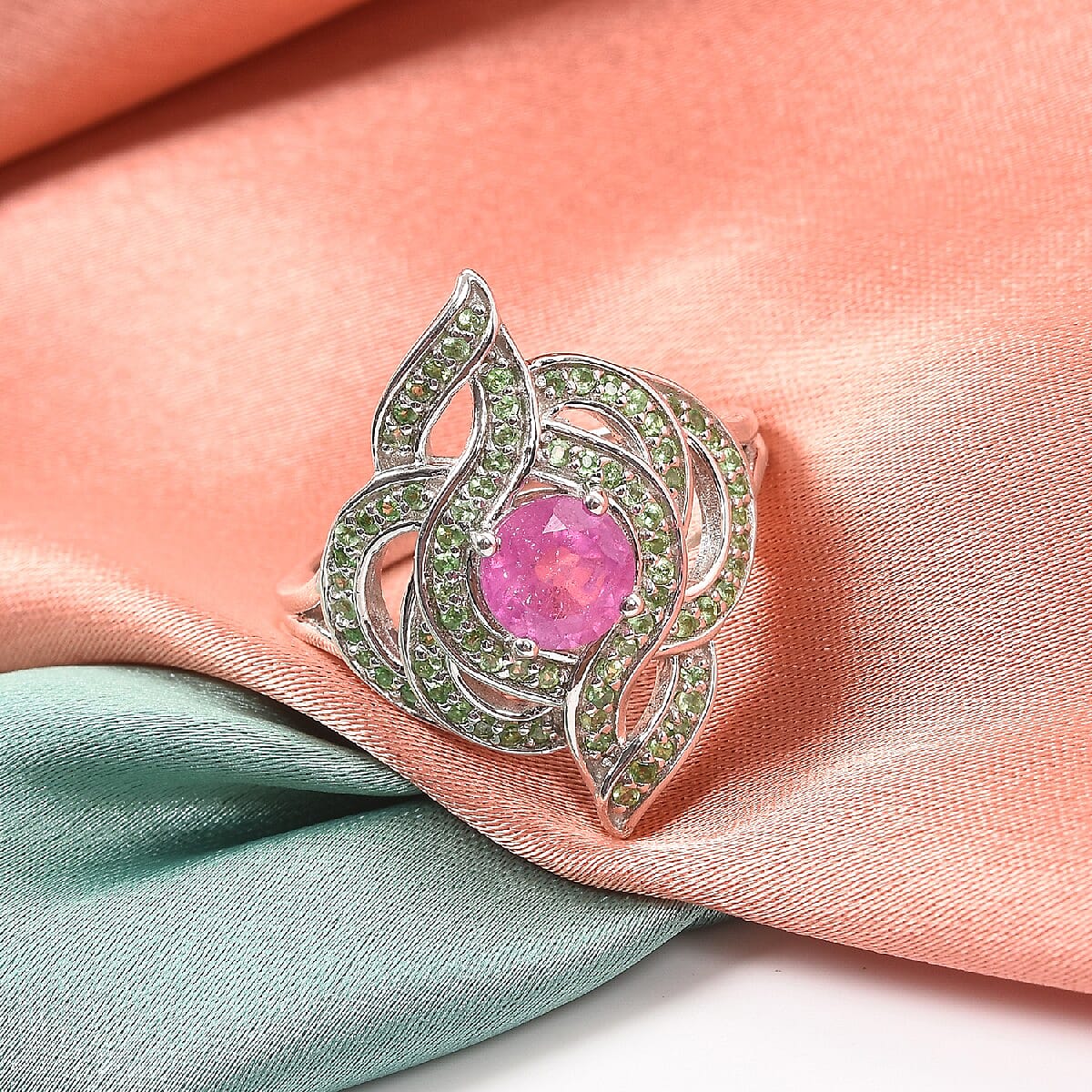 Fissure Filled Pink Sapphire and Tsavorite Garnet Ring in Platinum Overlay Sterling Silver 1.860 Ct.