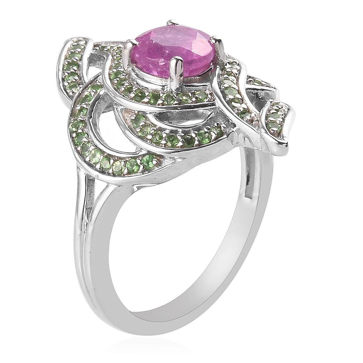 Fissure Filled Pink Sapphire and Tsavorite Garnet Ring in Platinum Overlay Sterling Silver 1.860 Ct.