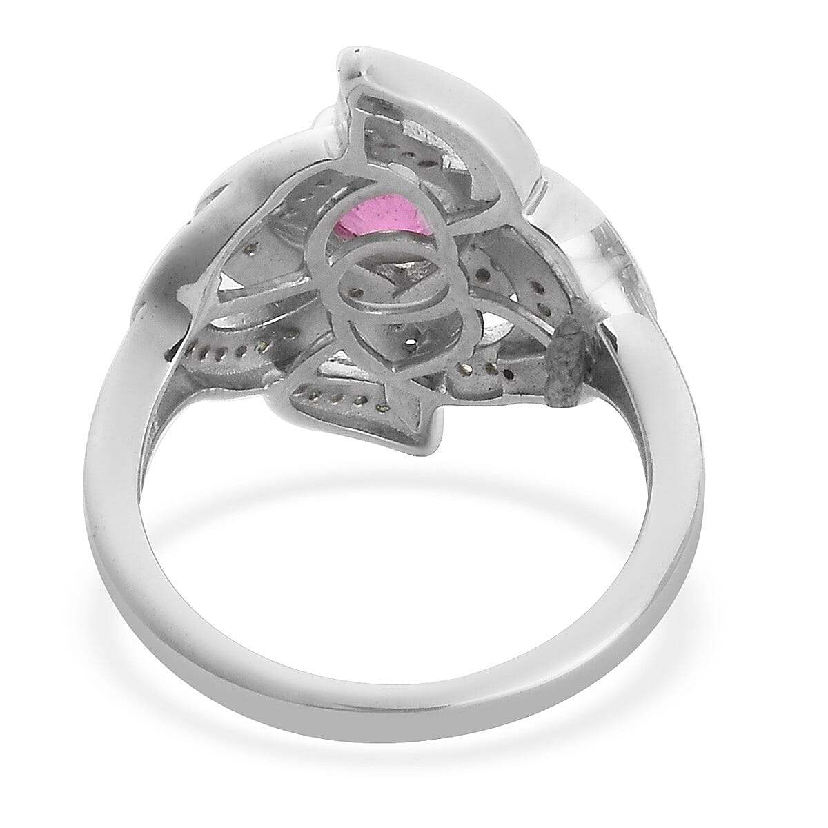 Fissure Filled Pink Sapphire and Tsavorite Garnet Ring in Platinum Overlay Sterling Silver 1.860 Ct.