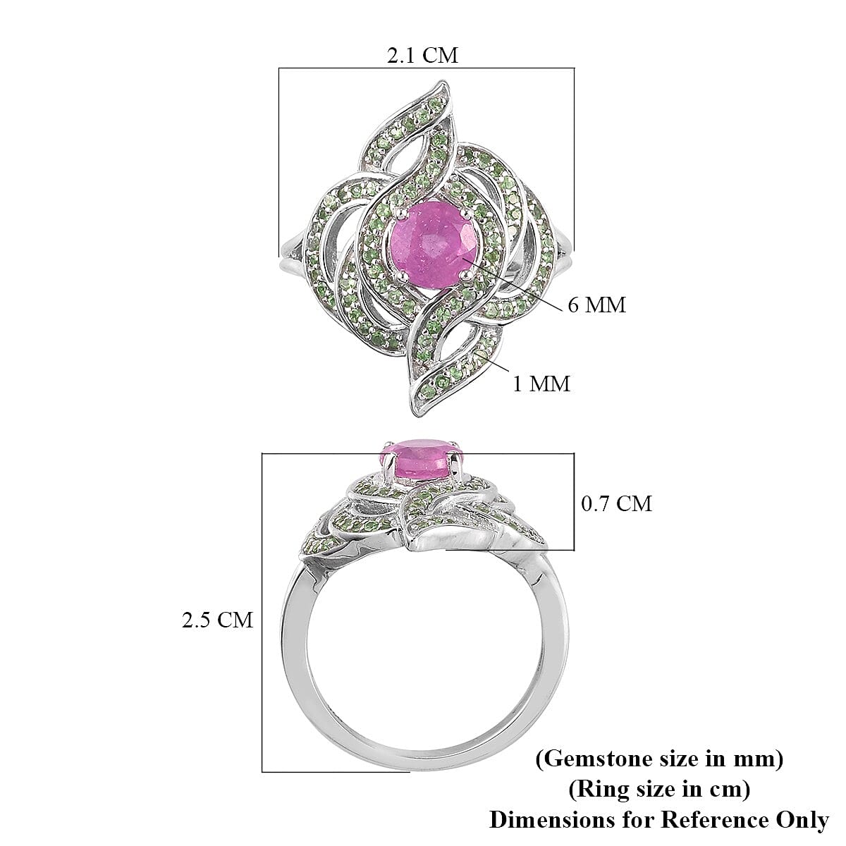 Fissure Filled Pink Sapphire and Tsavorite Garnet Ring in Platinum Overlay Sterling Silver 1.860 Ct.