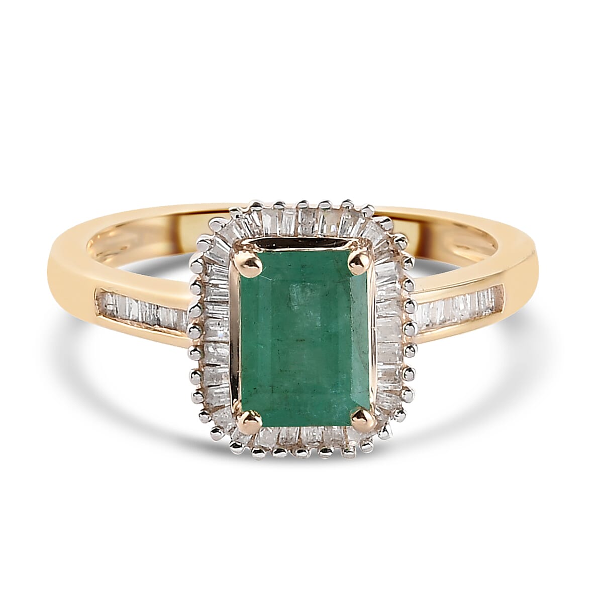 9K Yellow Gold AA Kagem Zambian Emerald and Diamond Ring 1.21 Ct.