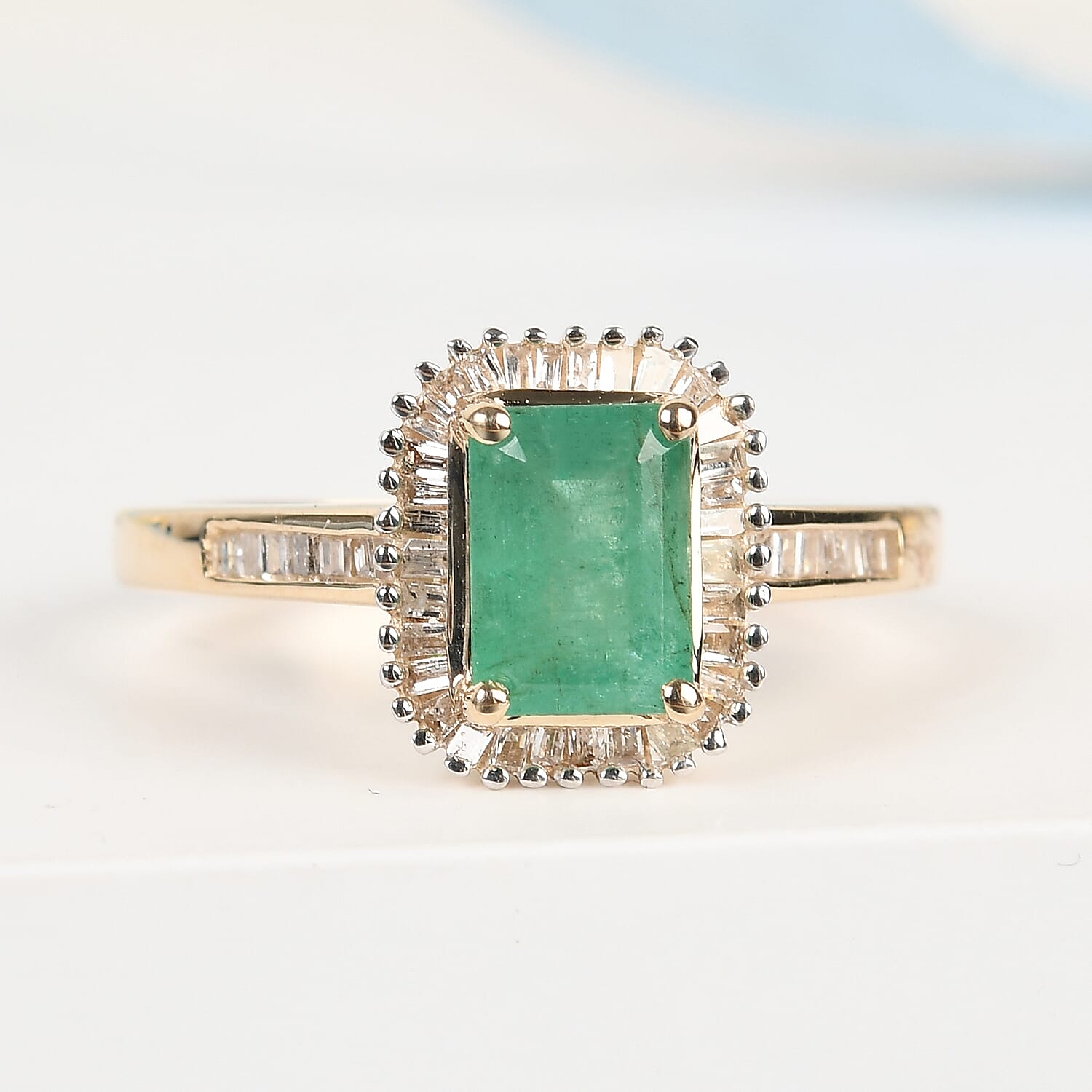 9K Yellow Gold AA Kagem Zambian Emerald and Diamond Ring 1.21 Ct.