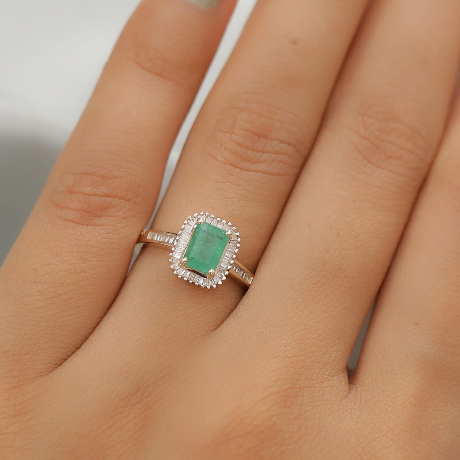 9K Yellow Gold AA Kagem Zambian Emerald and Diamond Ring 1.21 Ct.