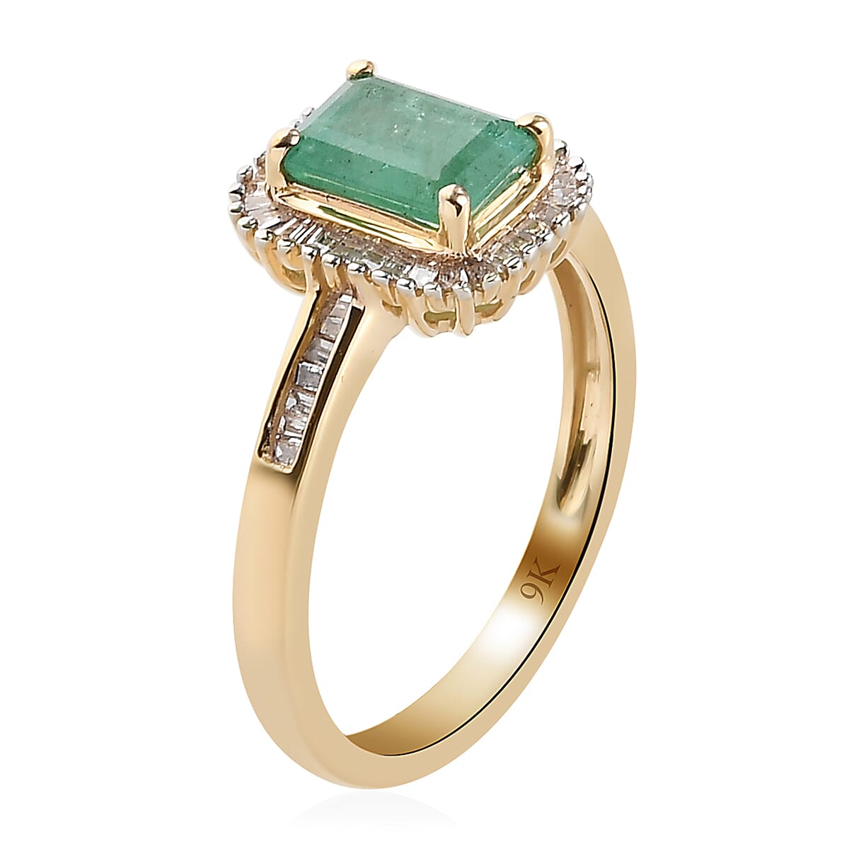 9K Yellow Gold AA Kagem Zambian Emerald and Diamond Ring 1.21 Ct.