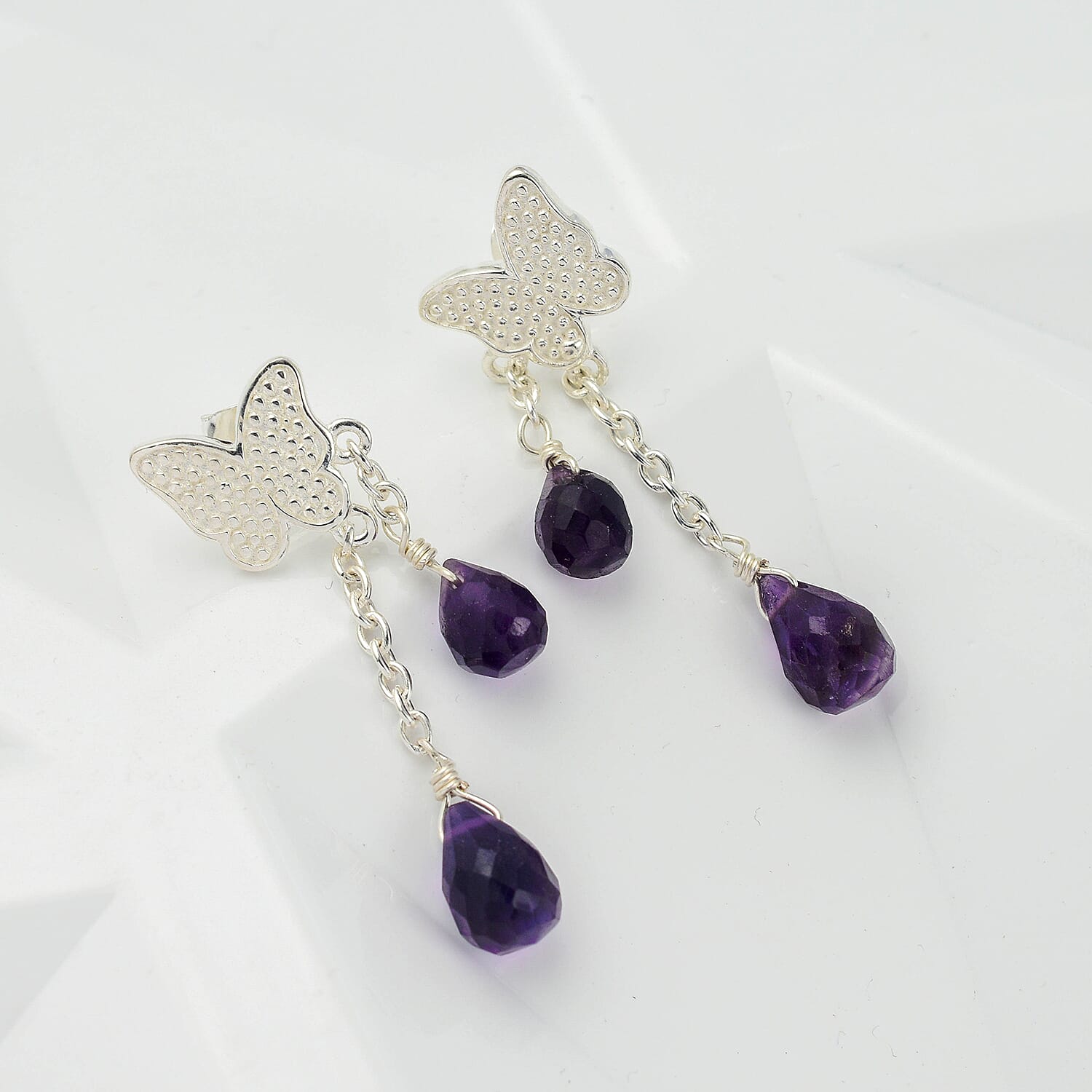 Amethyst Butterfly Dangle Earrings in Sterling Silver 8.50 Ct
