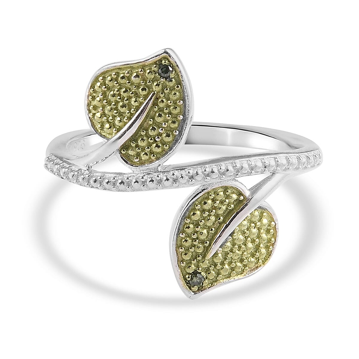 Green Diamond Leaf Bypass Ring in Platinum Overlay Sterling Silver