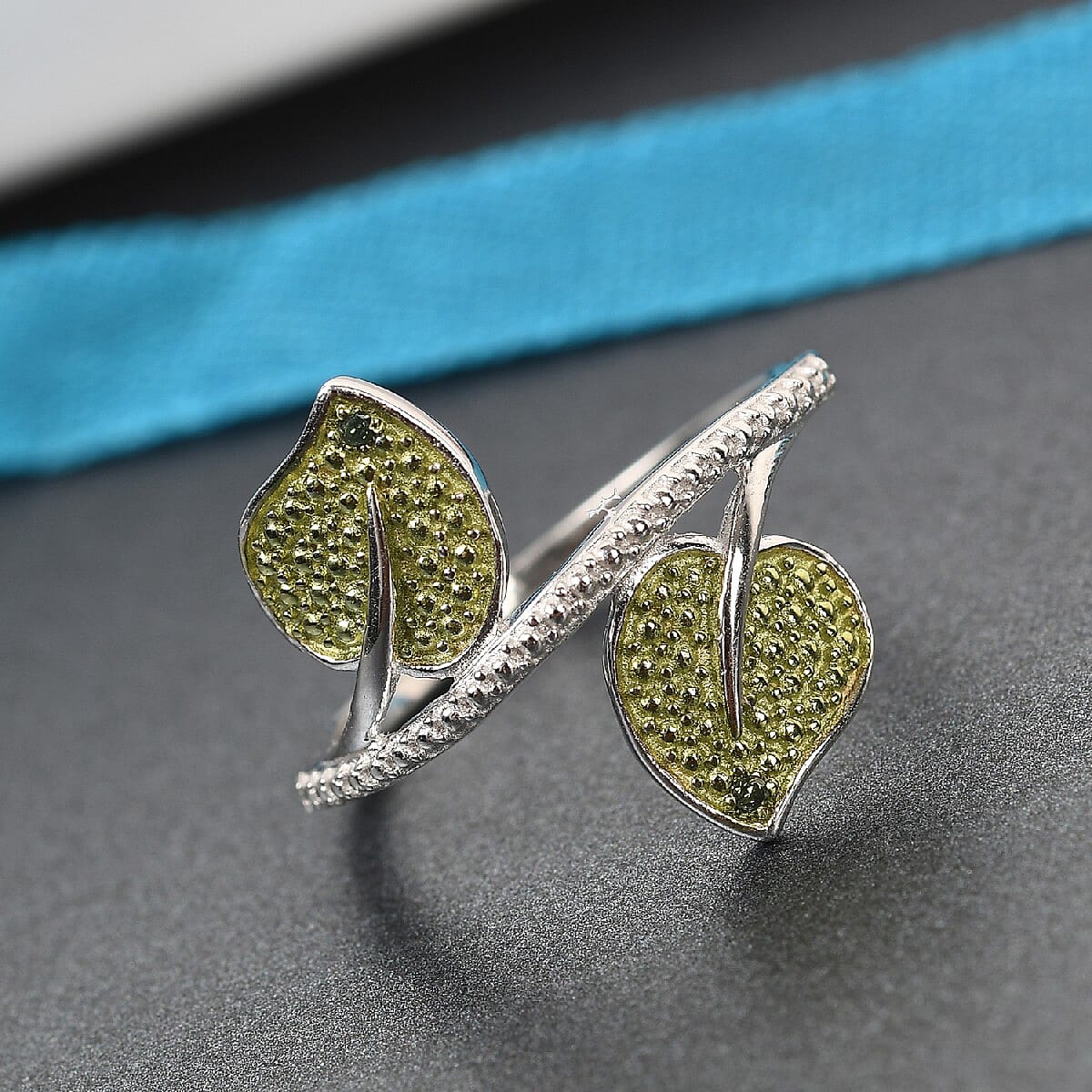 Green Diamond Leaf Bypass Ring in Platinum Overlay Sterling Silver