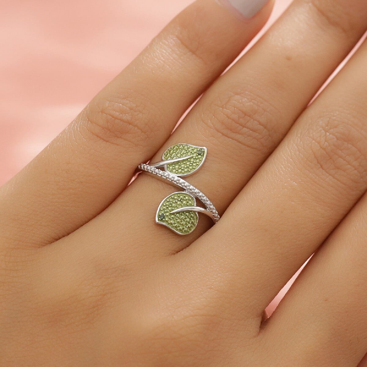 Green Diamond Leaf Bypass Ring in Platinum Overlay Sterling Silver