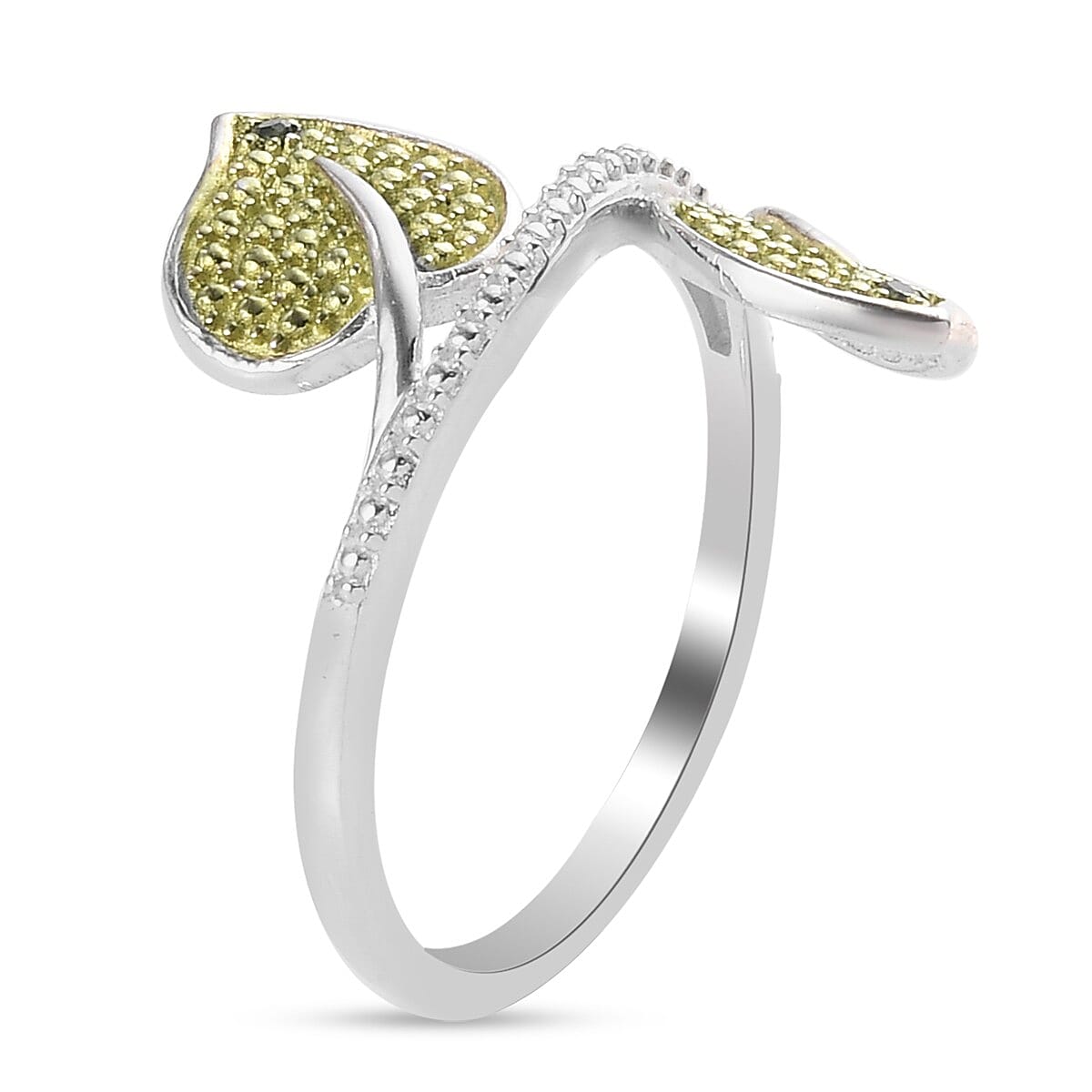 Green Diamond Leaf Bypass Ring in Platinum Overlay Sterling Silver