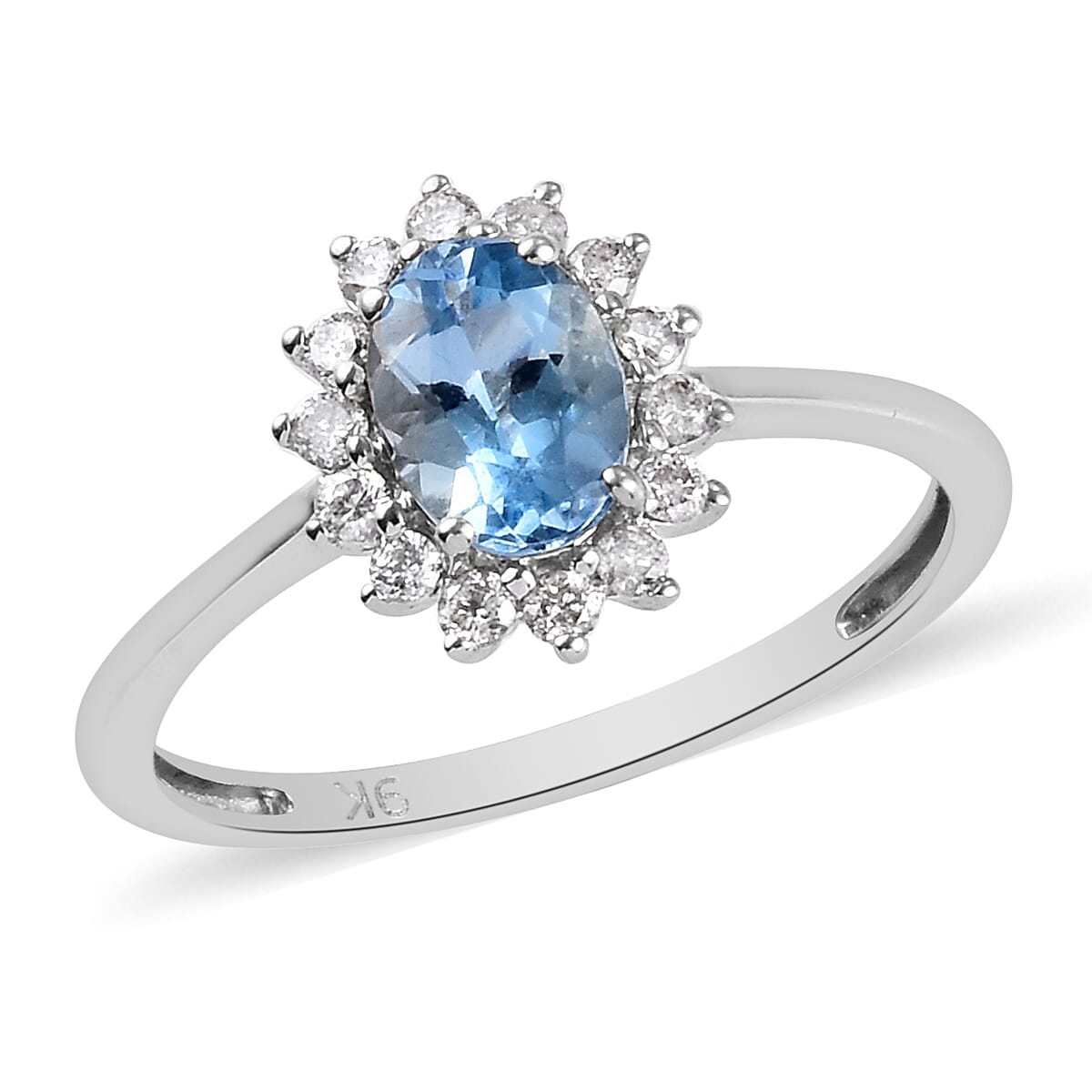 9K White Gold AA Santamaria Aquamarine and Diamond Halo Ring 0.85 Ct.
