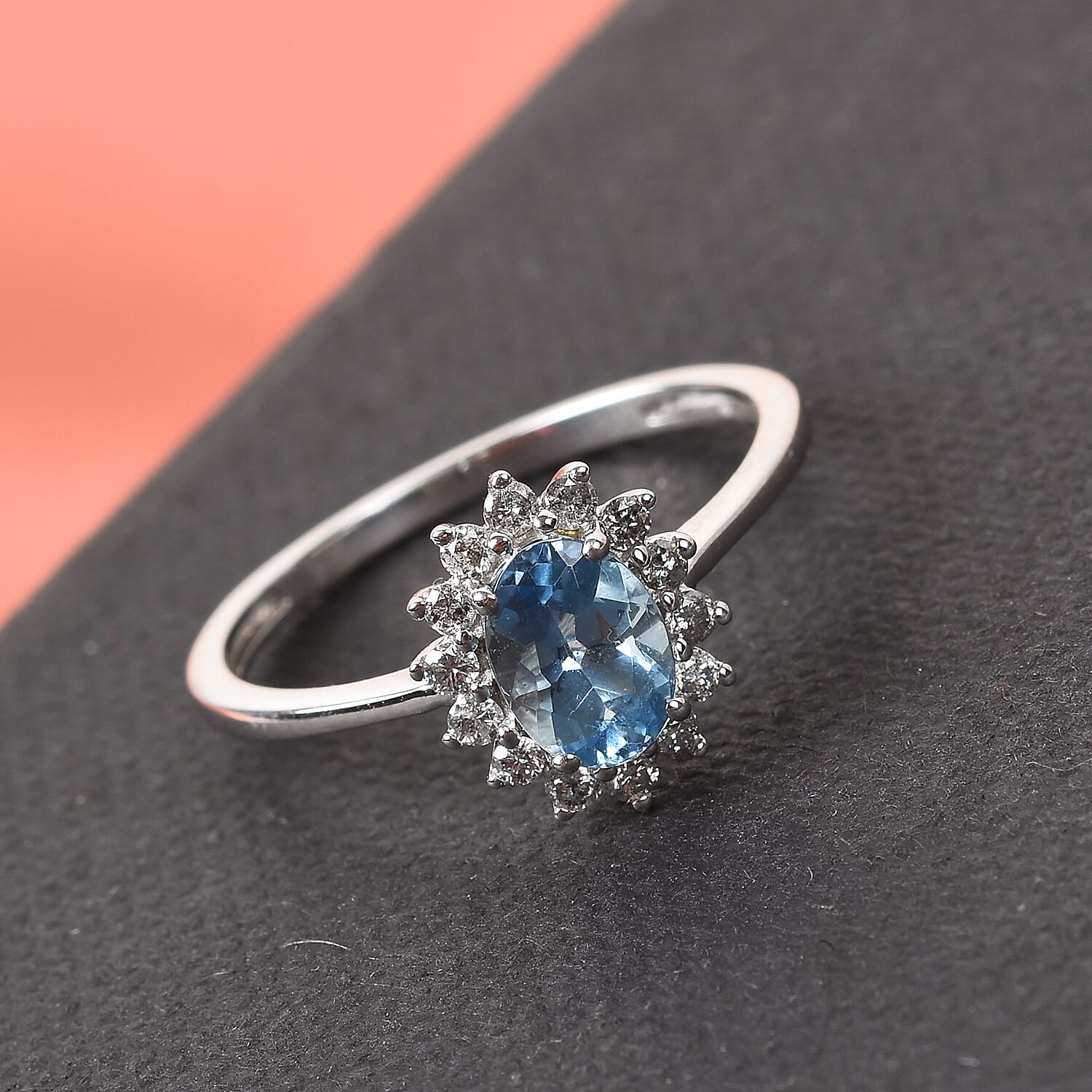 9K White Gold AA Santamaria Aquamarine and Diamond Halo Ring 0.85 Ct.