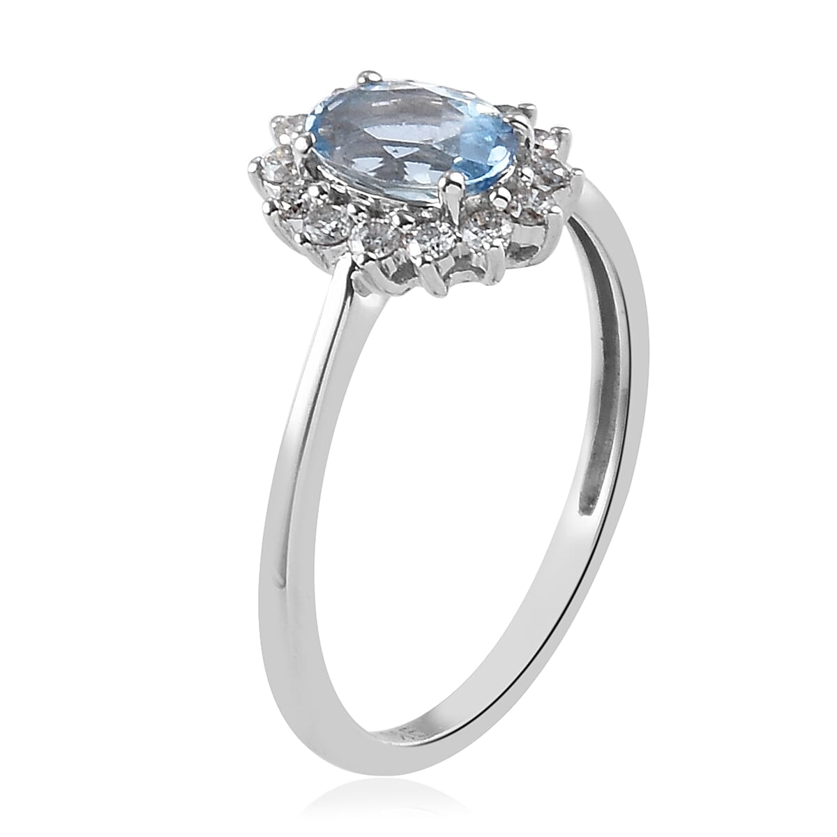 9K White Gold AA Santamaria Aquamarine and Diamond Halo Ring 0.85 Ct.