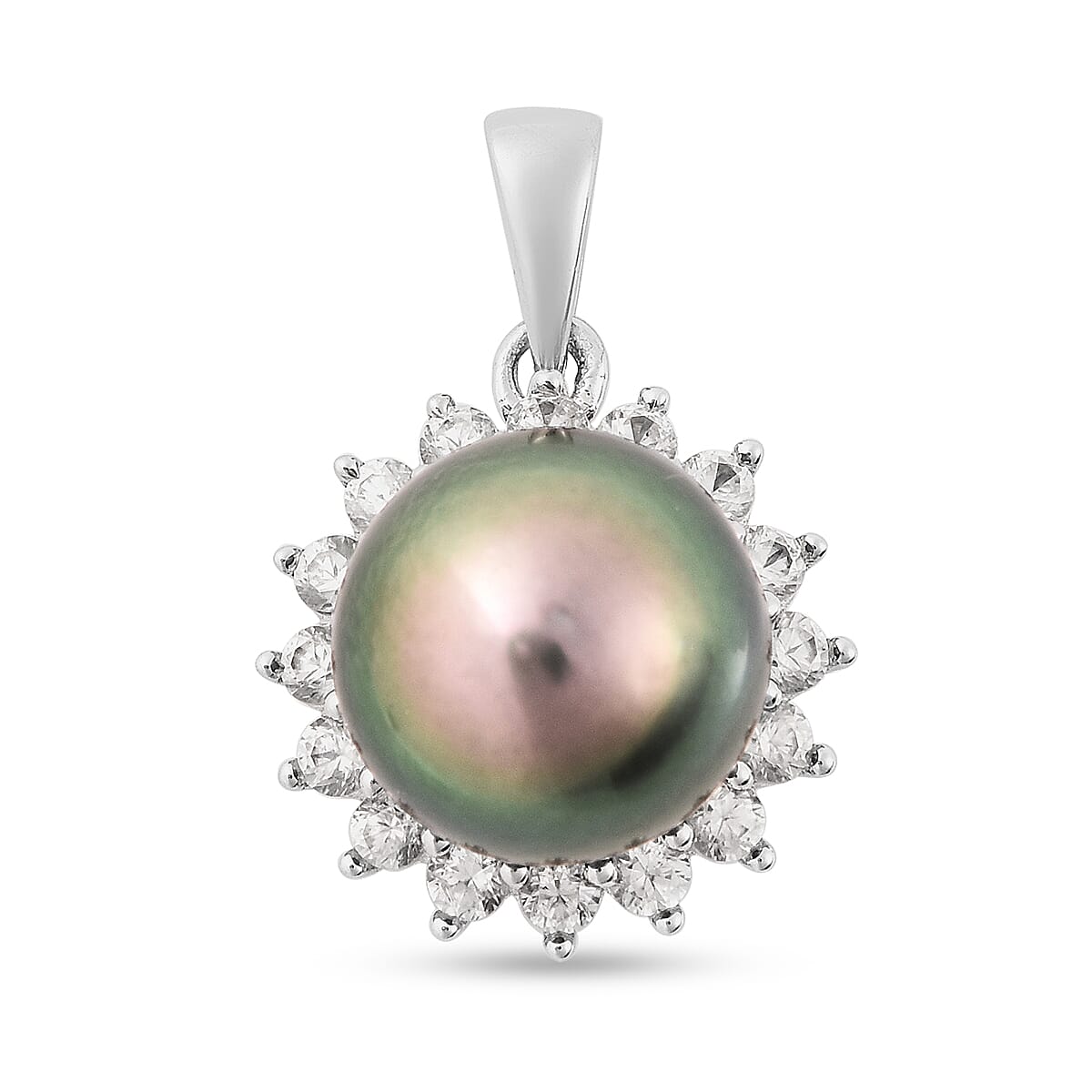 Tahitian Pearl and White Zircon Halo Pendant in Rhodium Plated Sterling Silver