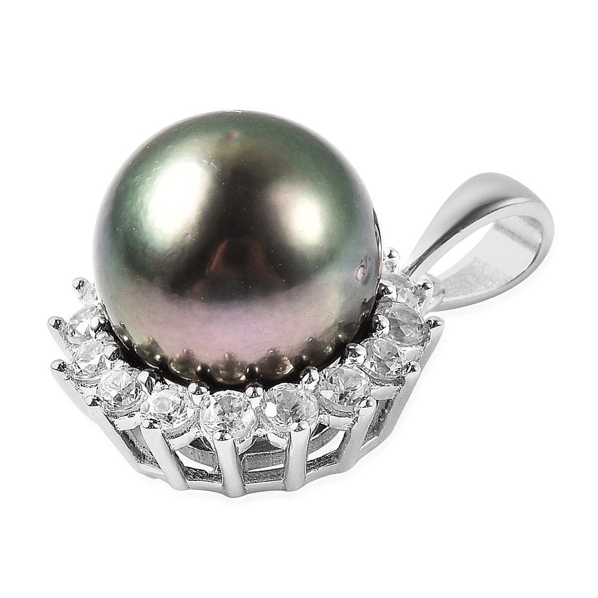 Tahitian Pearl and White Zircon Halo Pendant in Rhodium Plated Sterling Silver