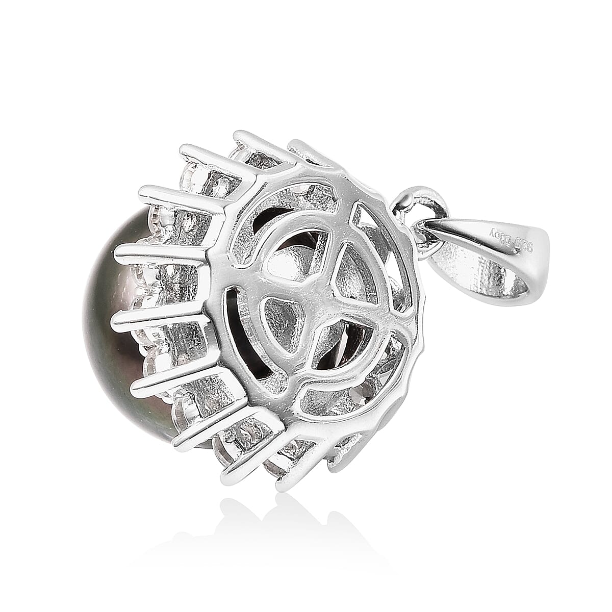 Tahitian Pearl and White Zircon Halo Pendant in Rhodium Plated Sterling Silver