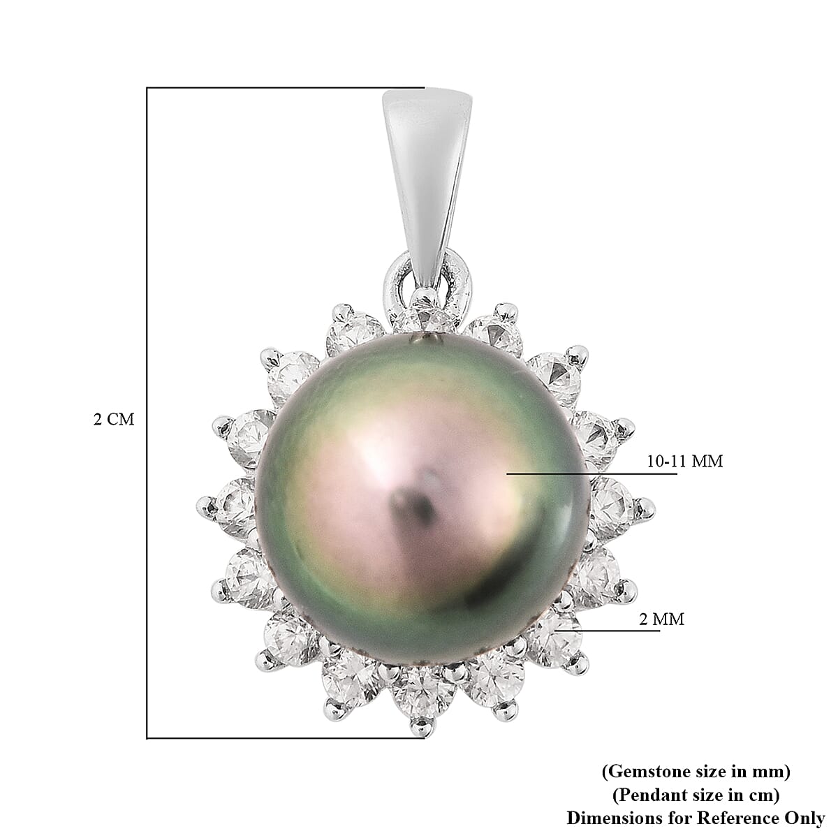 Tahitian Pearl and White Zircon Halo Pendant in Rhodium Plated Sterling Silver