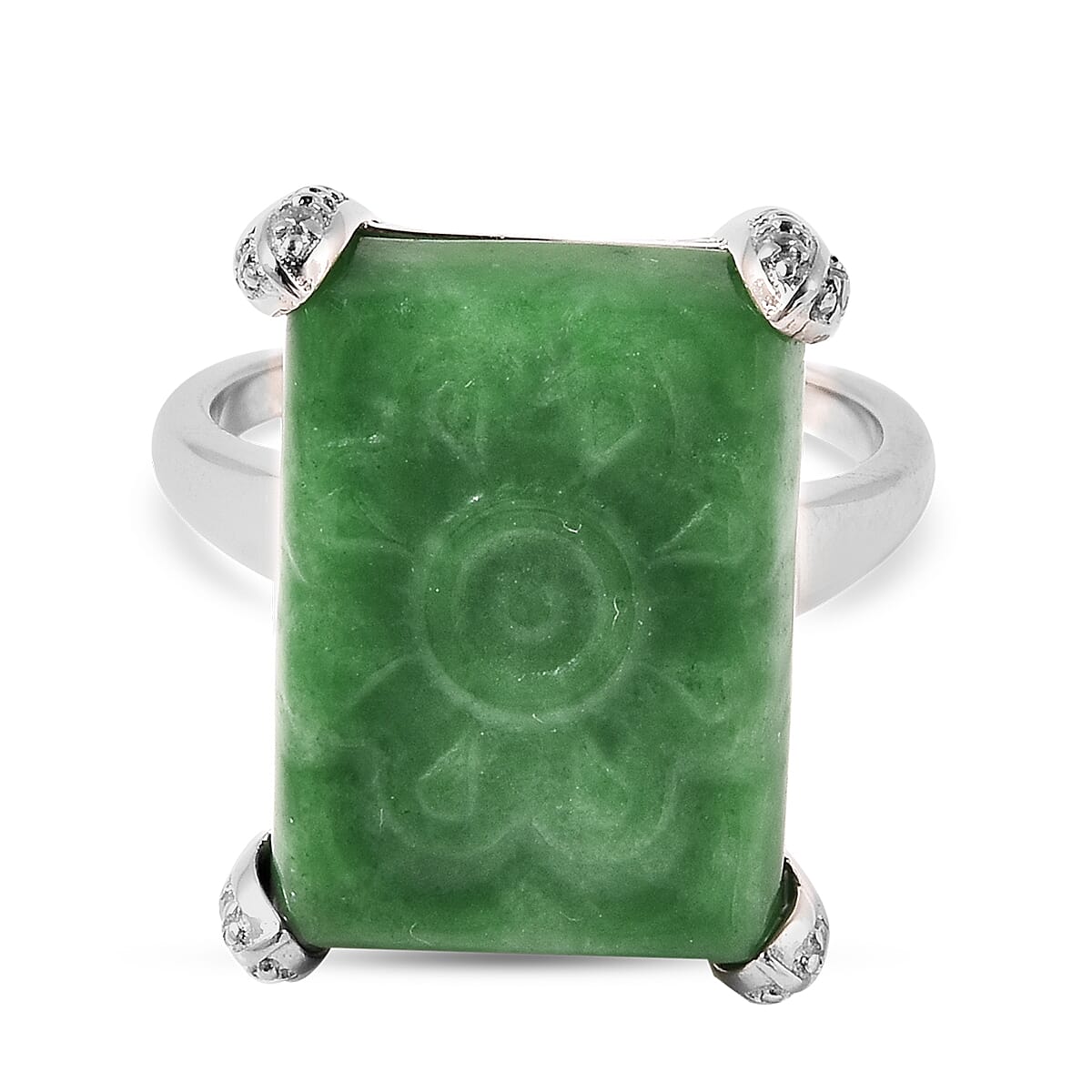 Green Jade and Natural Cambodian White Zircon Ring in Rhodium Overlay Sterling Silver 15.830 Ct.