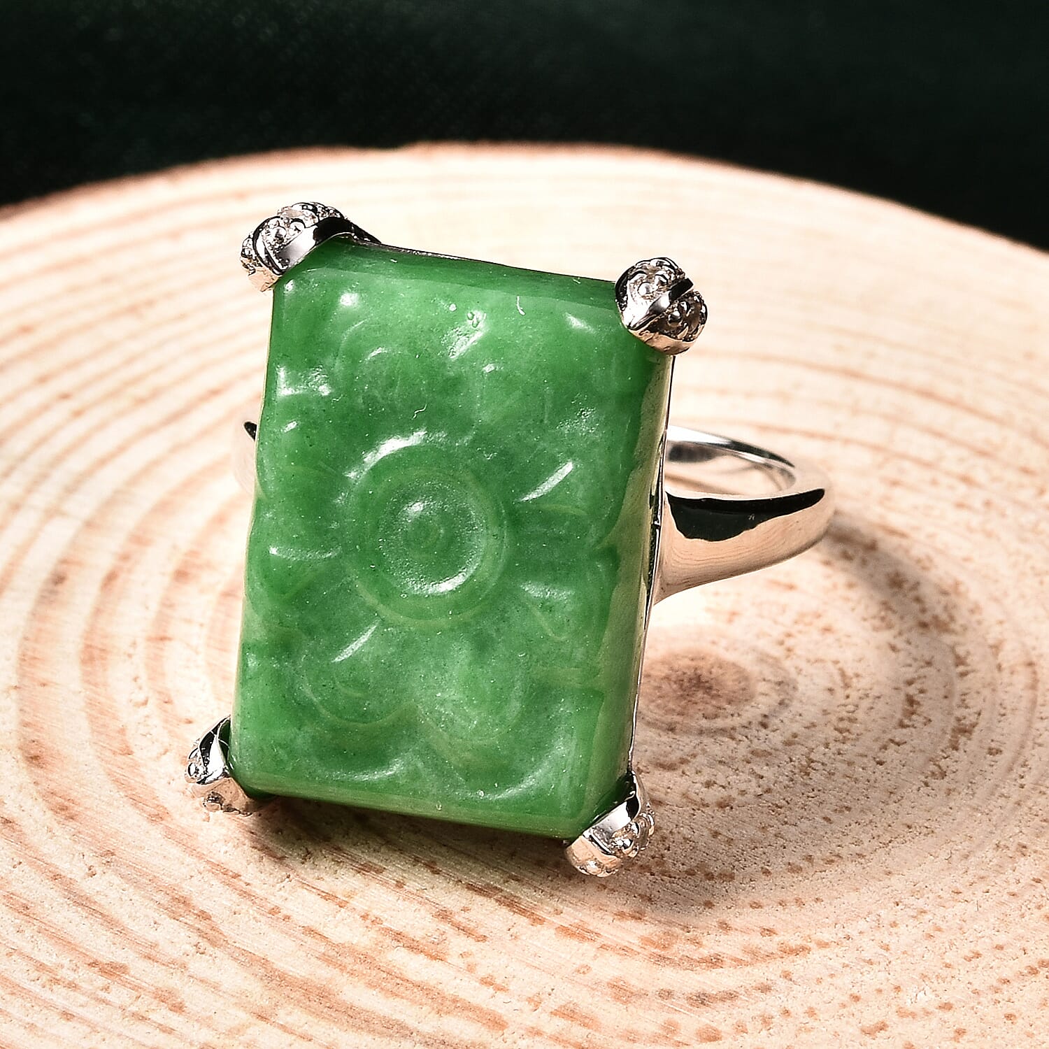 Green Jade and Natural Cambodian White Zircon Ring in Rhodium Overlay Sterling Silver 15.830 Ct.