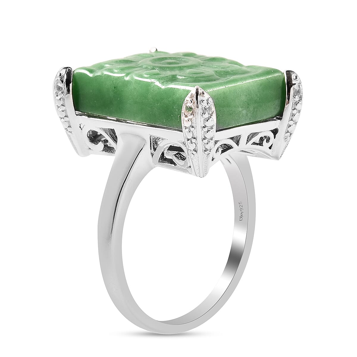 Green Jade and Natural Cambodian White Zircon Ring in Rhodium Overlay Sterling Silver 15.830 Ct.