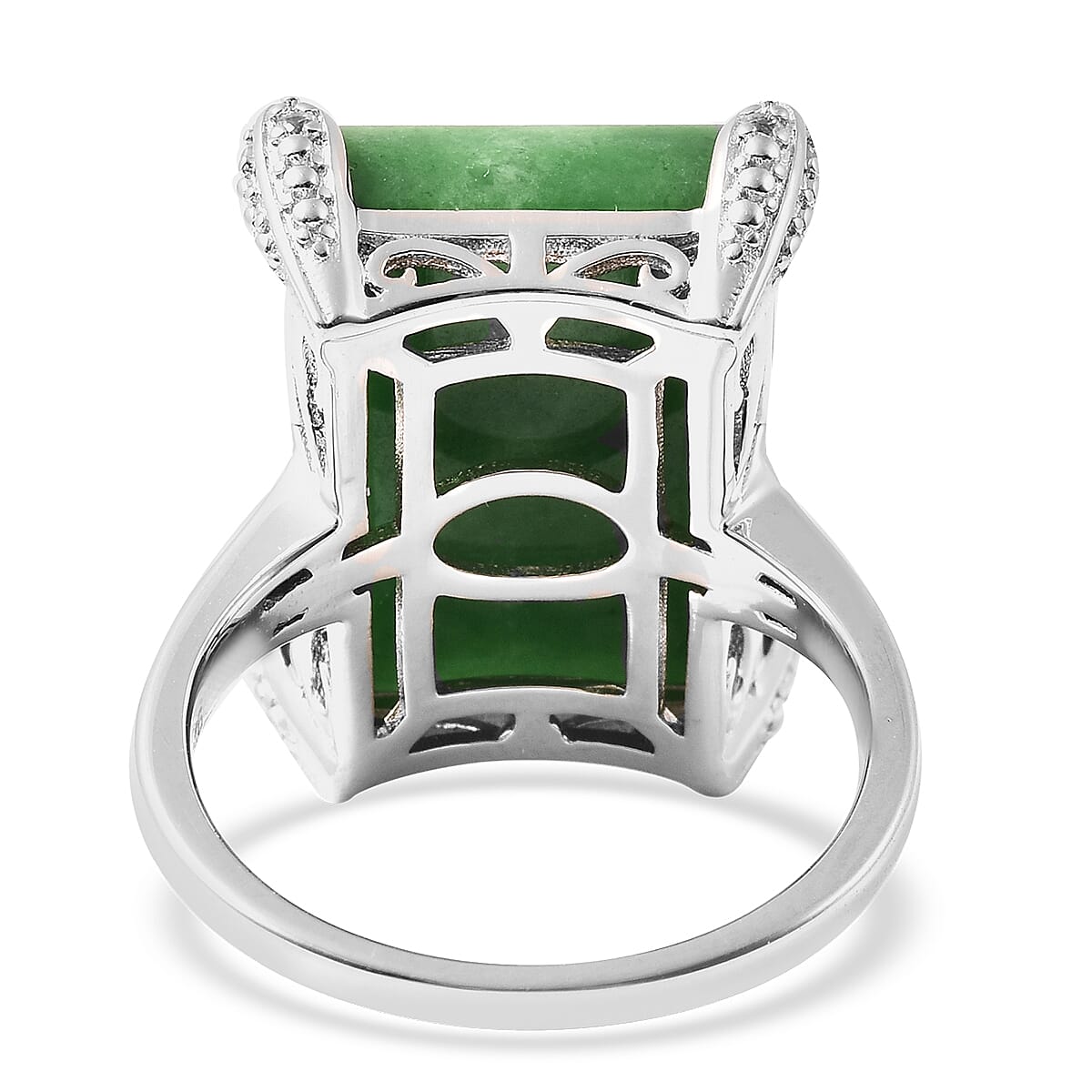 Green Jade and Natural Cambodian White Zircon Ring in Rhodium Overlay Sterling Silver 15.830 Ct.