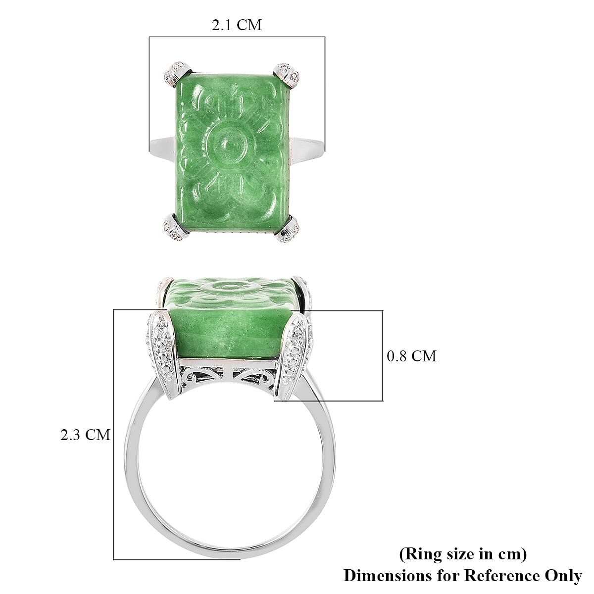 Green Jade and Natural Cambodian White Zircon Ring in Rhodium Overlay Sterling Silver 15.830 Ct.