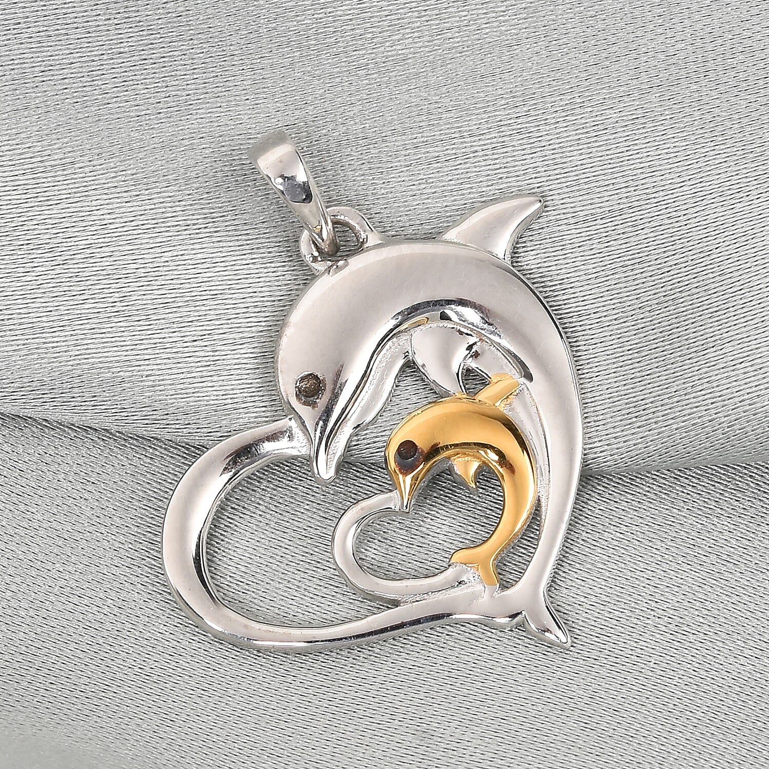 Platinum and Yellow Gold Overlay Sterling Silver Dolphins in Heart Pendant