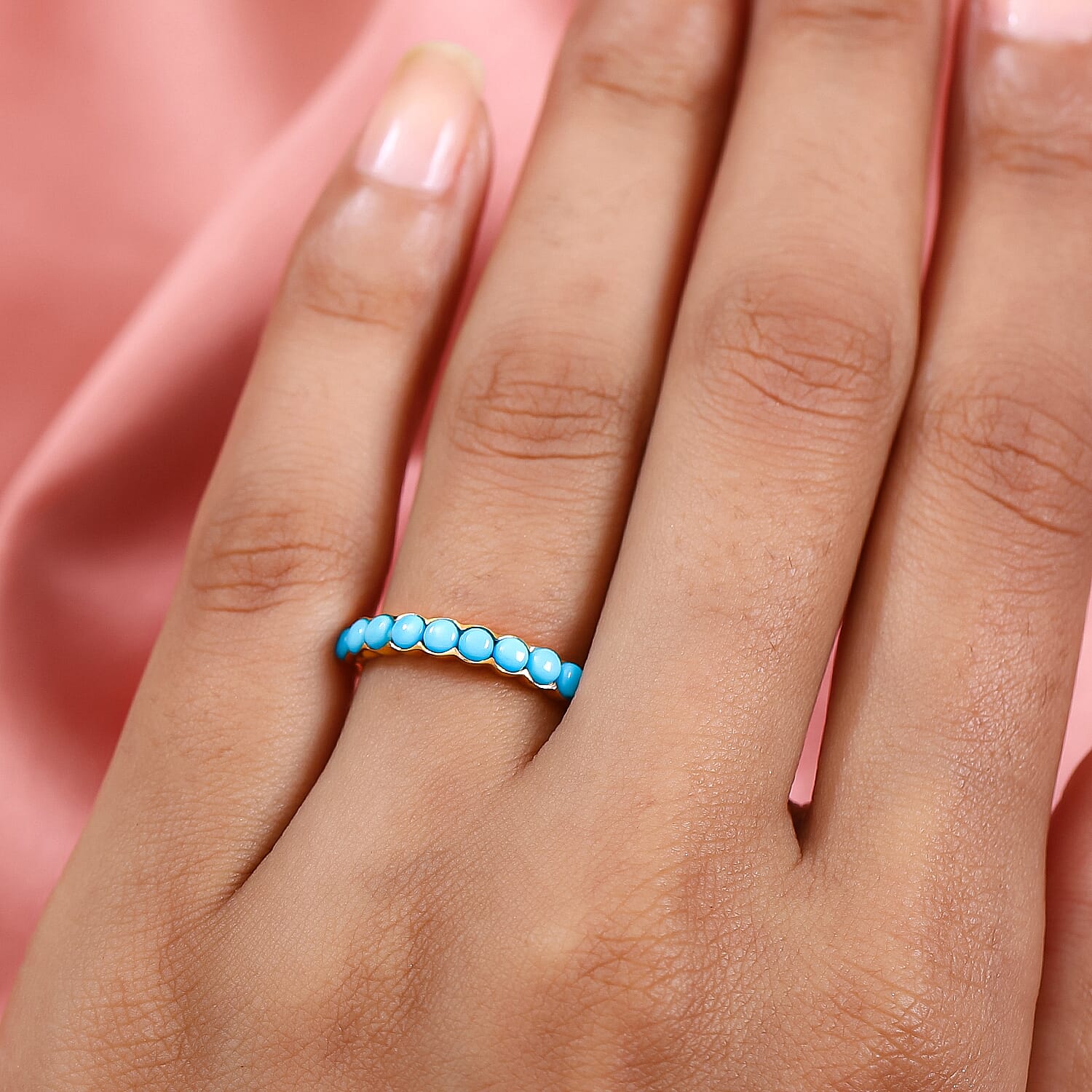 Arizona Sleeping Beauty Turquoise Half Eternity Ring in 14K Gold Overlay Sterling Silver
