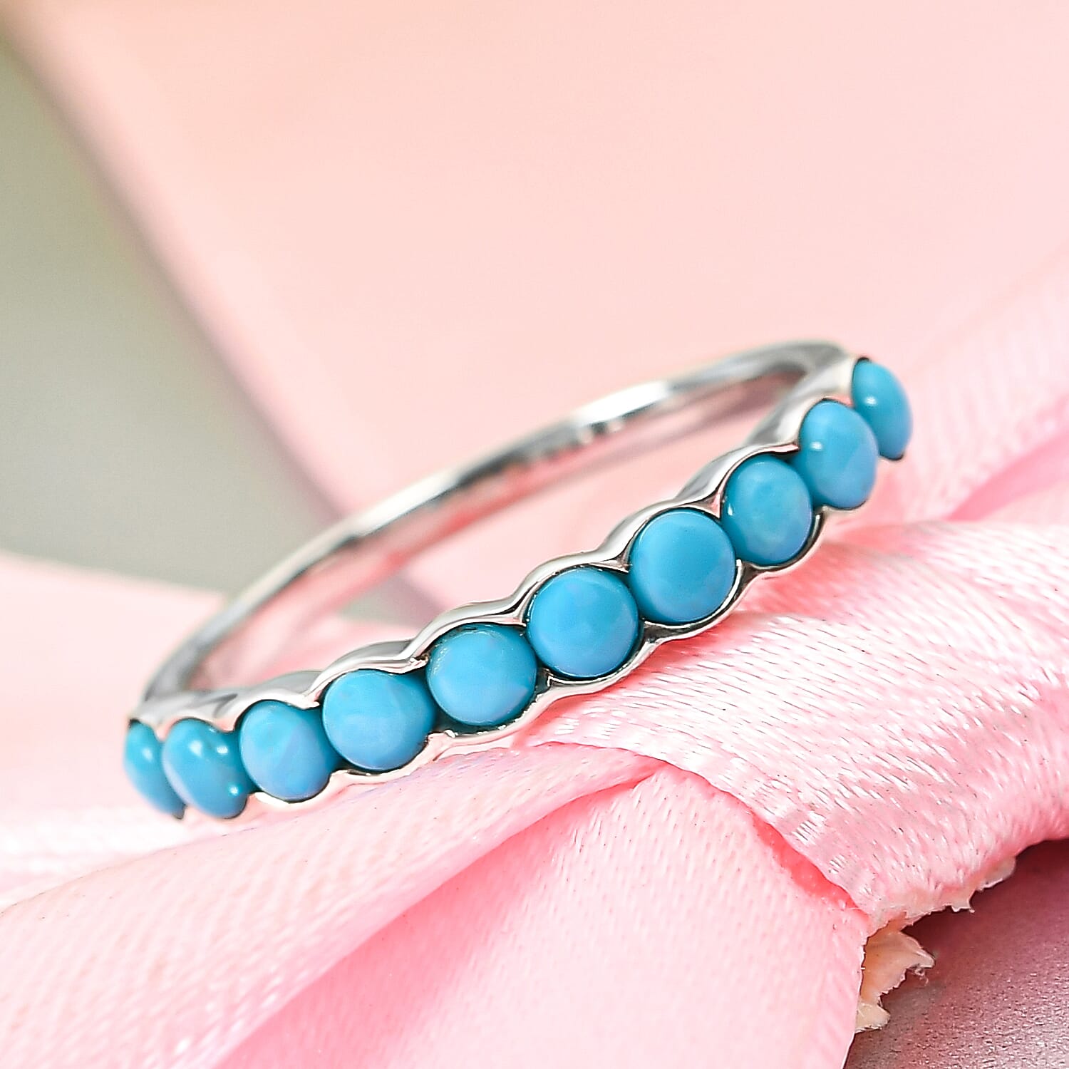 Arizona Sleeping Beauty Turquoise Half Eternity Ring in Platinum Overlay Sterling Silver