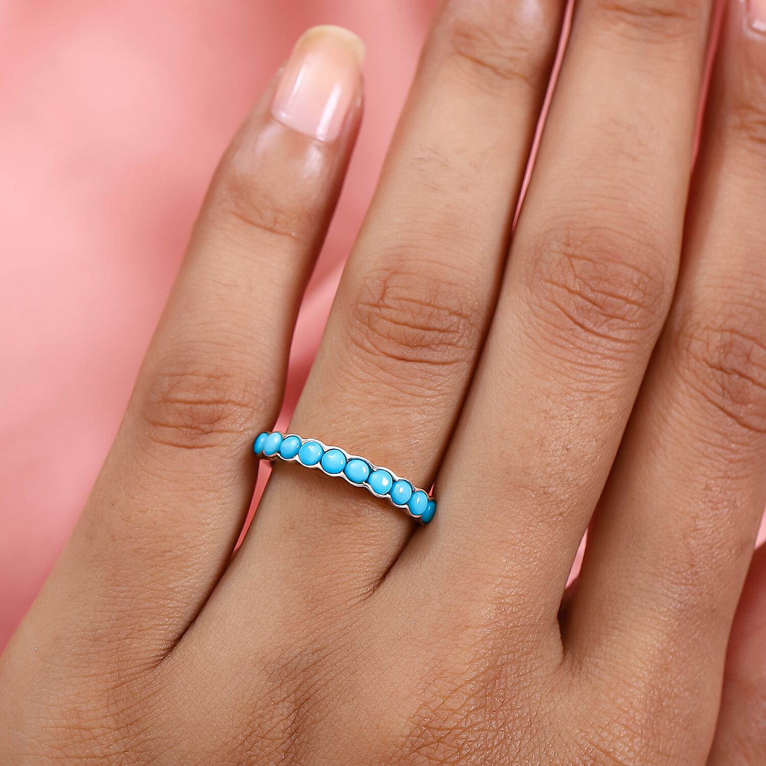 Arizona Sleeping Beauty Turquoise Half Eternity Ring in Platinum Overlay Sterling Silver