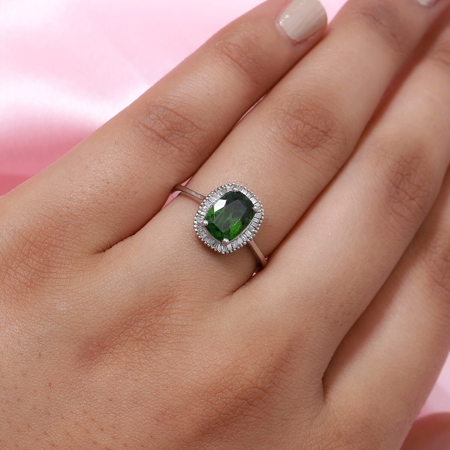 Chrome Diopside and Diamond Ring in Platinum Overlay Sterling Silver 1.49 Ct.