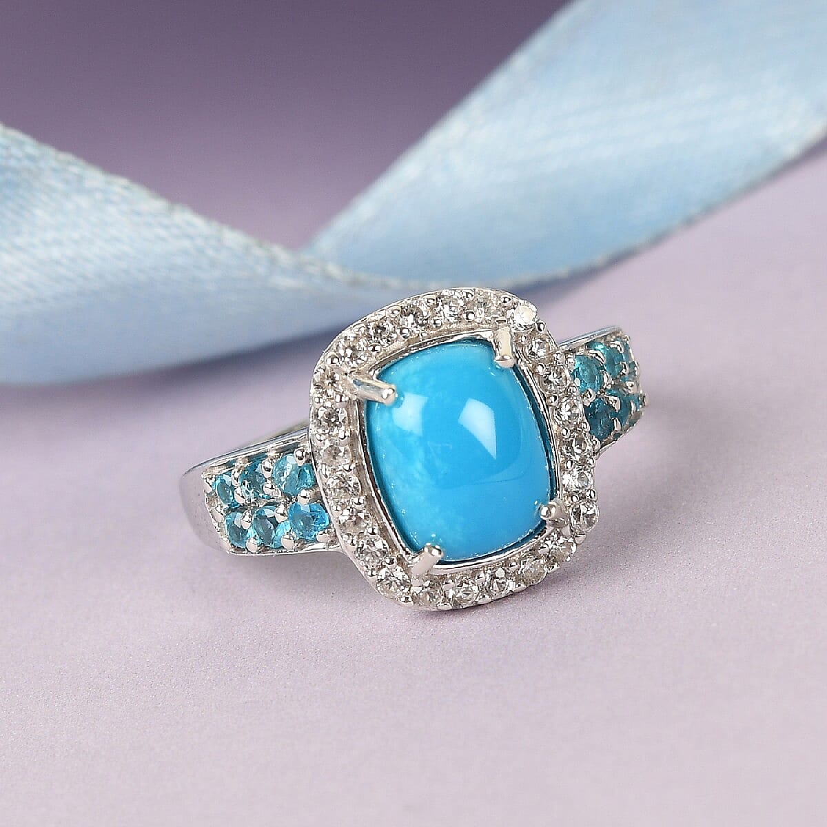 Arizona Sleeping Beauty Turquoise, Neon Apatite and Natural Cambodian Zircon Ring in Platinum Overlay Sterling Silver 2.57 Ct.