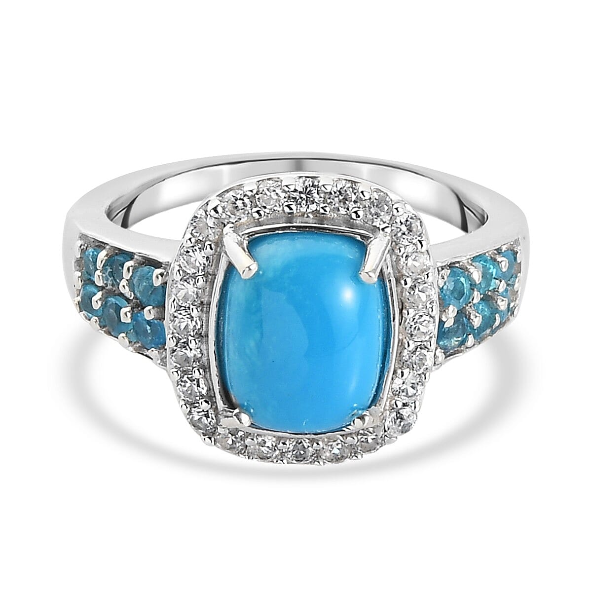 Arizona Sleeping Beauty Turquoise, Neon Apatite and Natural Cambodian Zircon Ring in Platinum Overlay Sterling Silver 2.57 Ct.