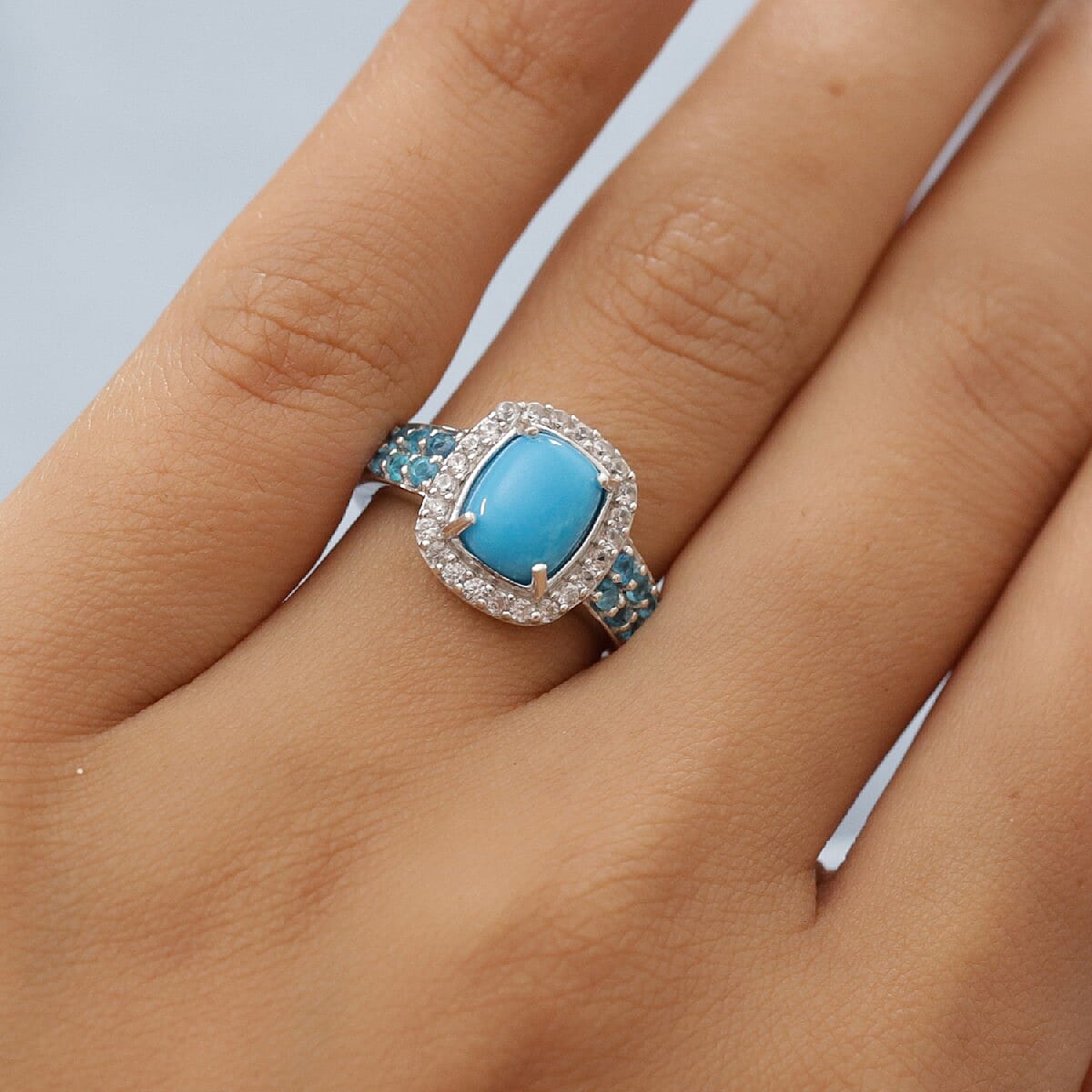 Arizona Sleeping Beauty Turquoise, Neon Apatite and Natural Cambodian Zircon Ring in Platinum Overlay Sterling Silver 2.57 Ct.