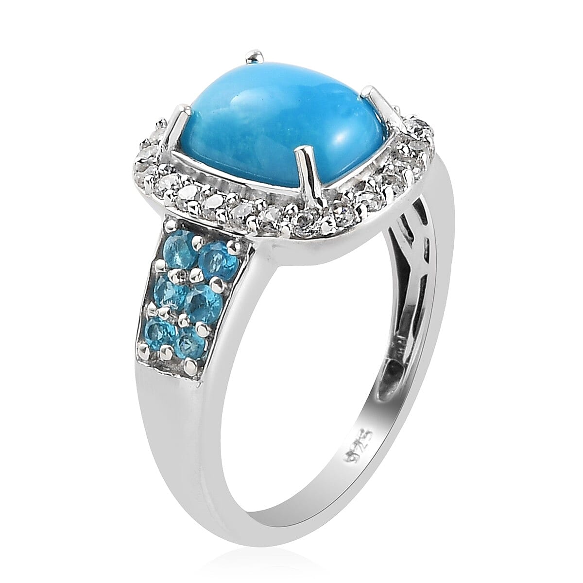 Arizona Sleeping Beauty Turquoise, Neon Apatite and Natural Cambodian Zircon Ring in Platinum Overlay Sterling Silver 2.57 Ct.