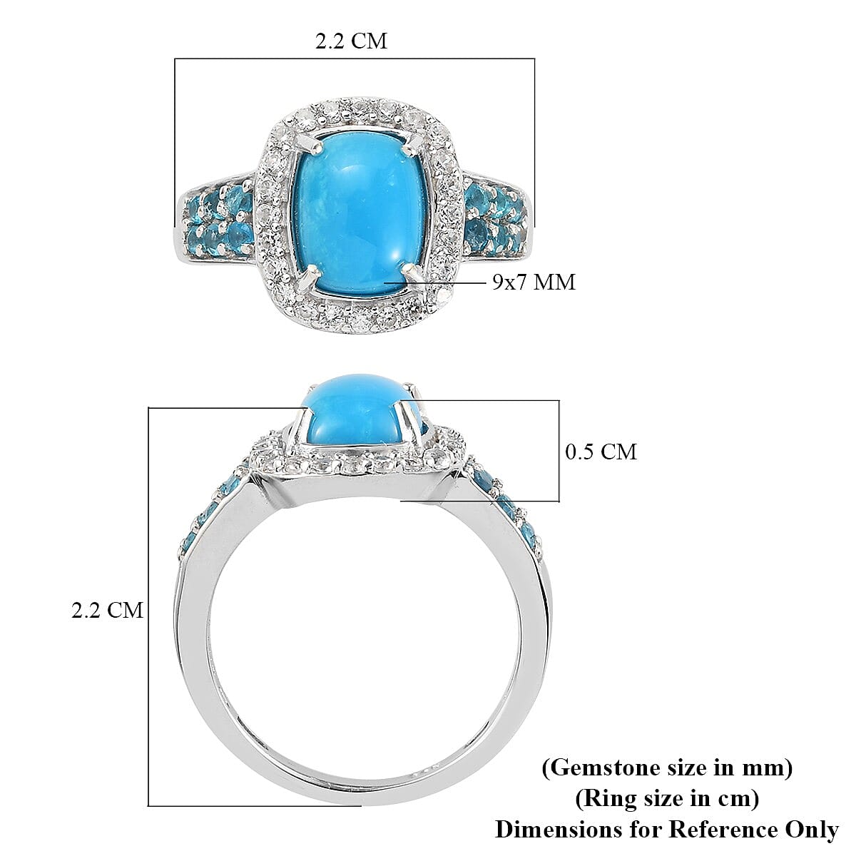Arizona Sleeping Beauty Turquoise, Neon Apatite and Natural Cambodian Zircon Ring in Platinum Overlay Sterling Silver 2.57 Ct.