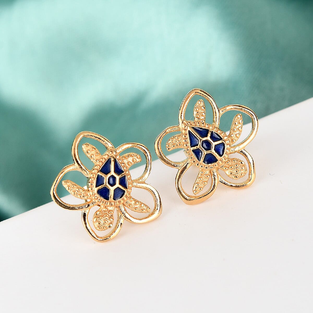 14K Gold Overlay Sterling Silver Turtle Enamelled Earrings (with Push Back)