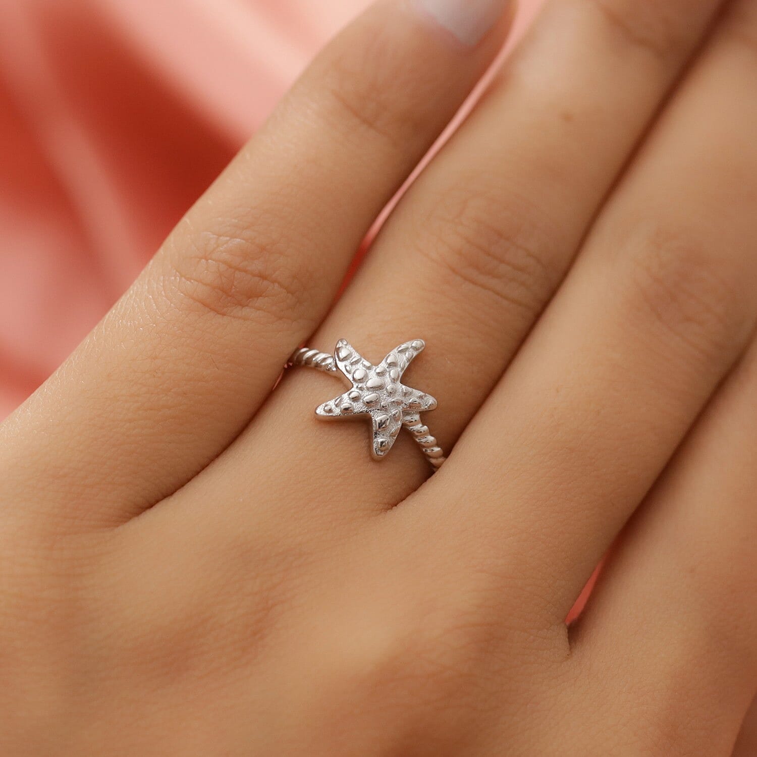 Platinum Overlay Sterling Silver Starfish Ring