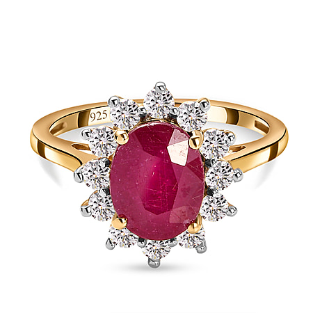 3.25 Ct. Ruby and Natural Cambodian Zircon Princess Diana Inspired Halo Ring in 14K Gold Plated Sterling Silver
