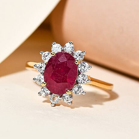 African Ruby & Natural Zircon Halo Ring in 18K Vermeil Yellow Gold Plated Sterling Silver 3.81 Ct.