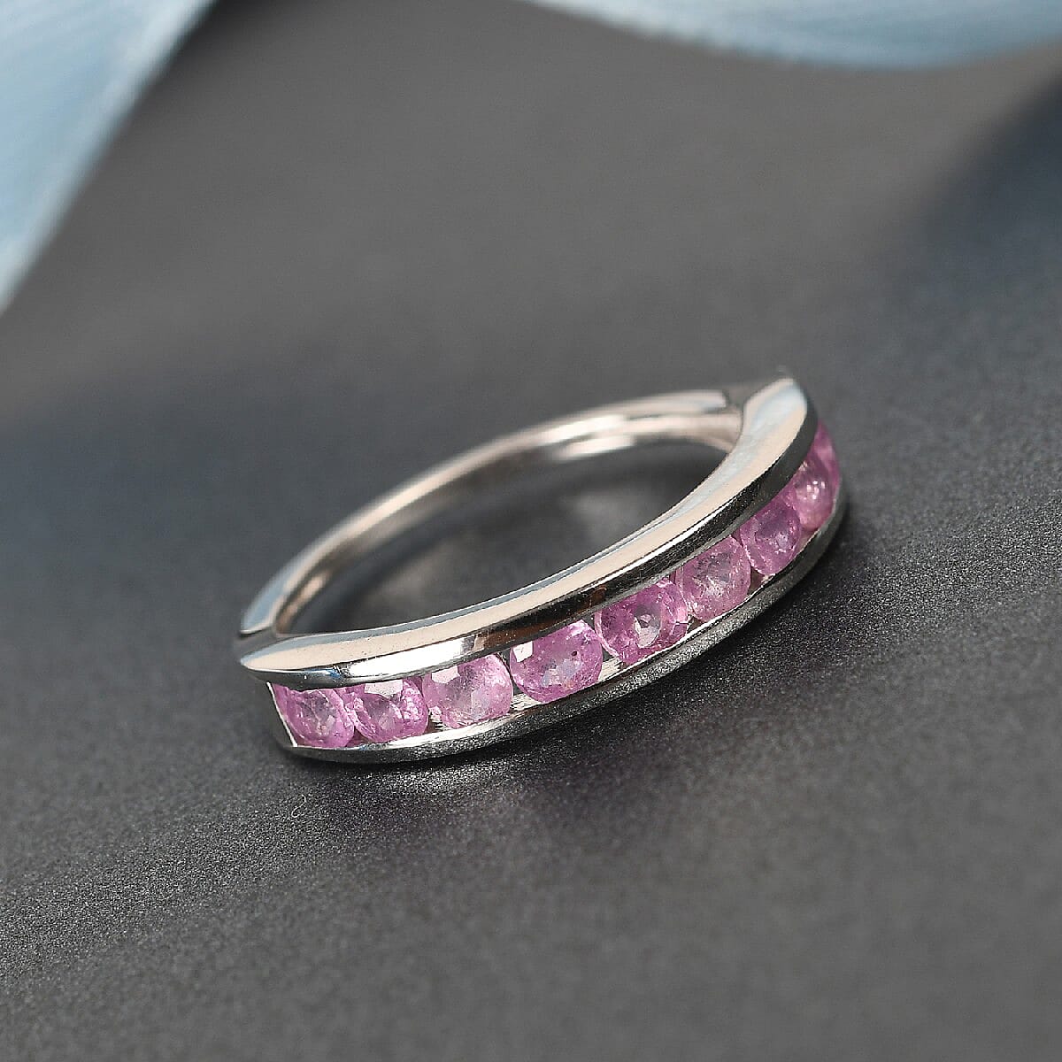 Pink Sapphire Half Eternity Band Ring in Platinum Overlay Sterling Silver 1.20 Ct.