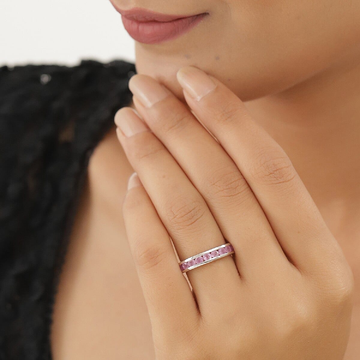 Pink Sapphire Half Eternity Band Ring in Platinum Overlay Sterling Silver 1.20 Ct.