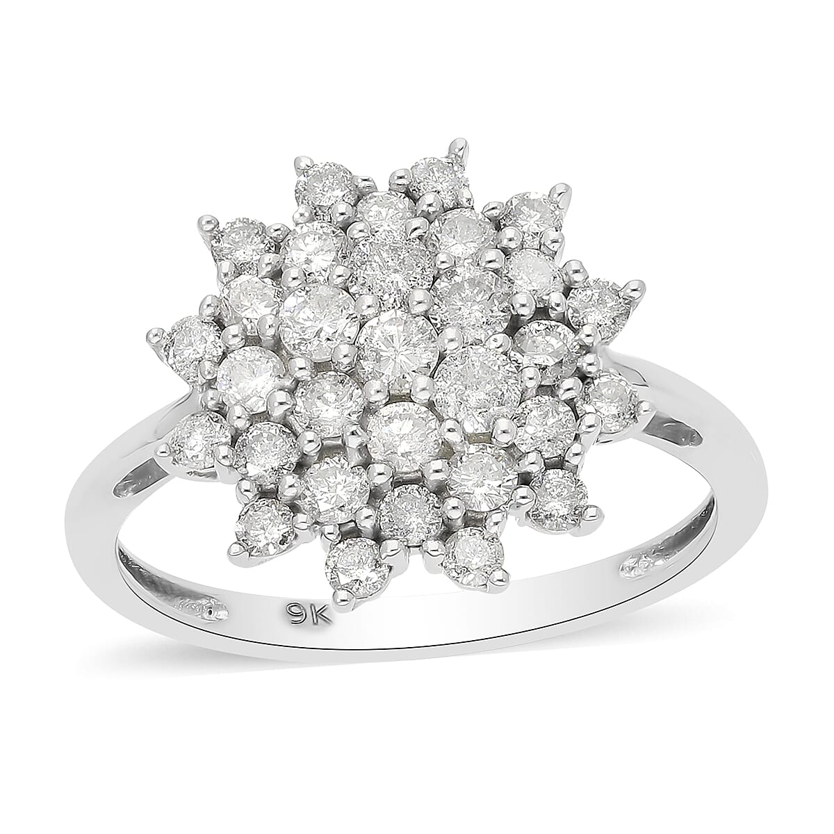 9K White Gold SGL Certified White Diamond (I3-G-H) Cluster Ring 1.00 Ct.