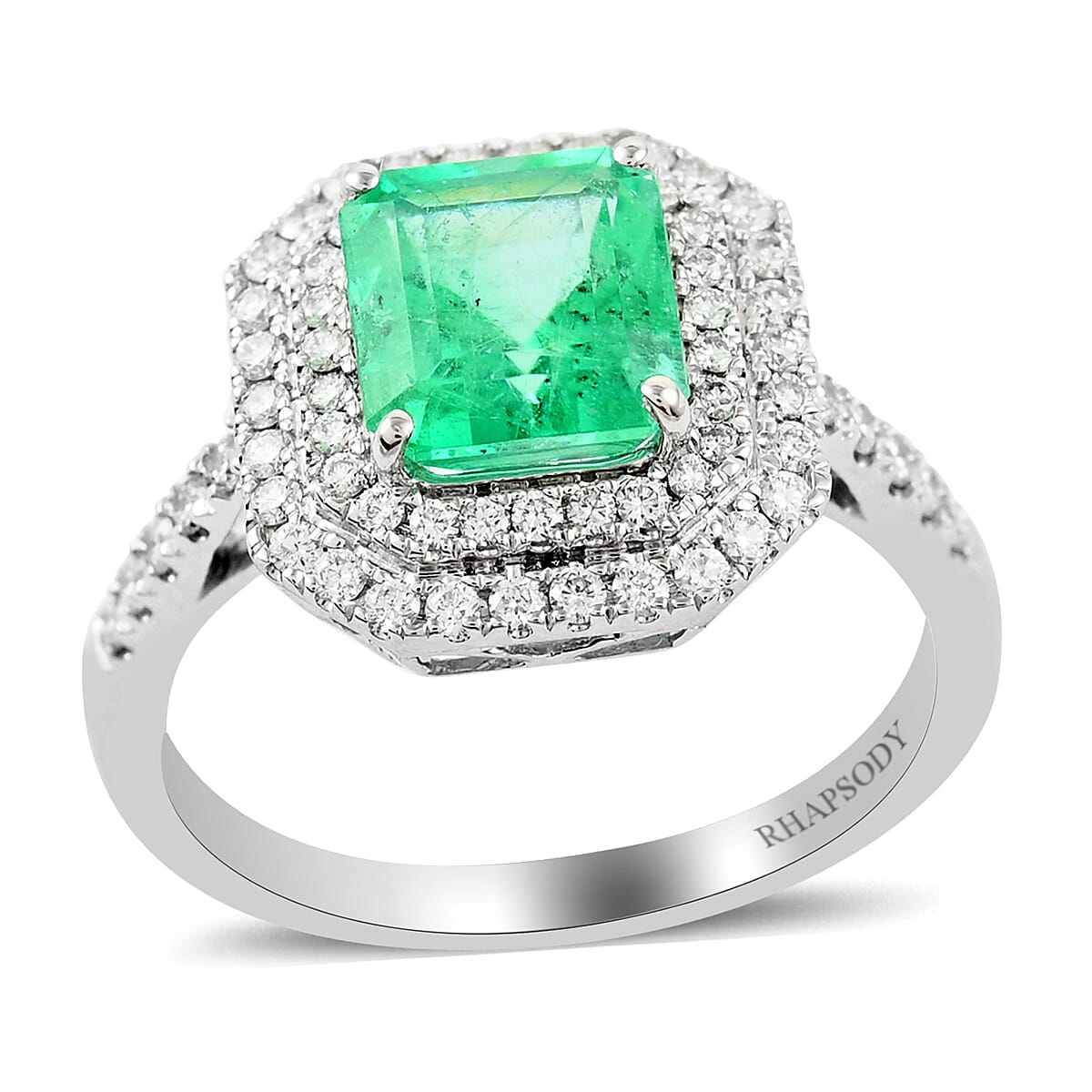 RHAPSODY 950 Platinum AAAA Boyaca Colombian Emerald and Diamond (VS/E-F) Halo Ring 2.25 Ct, Platinum wt. 5.00 Gms